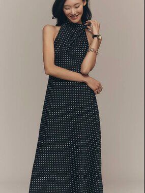 Anthropologie Maeve Jamie Satin Halter Midi Dress in Polka Dot